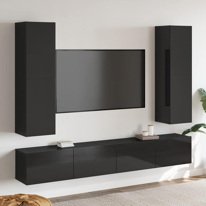 Set dulapuri TV, 4 piese, negru extralucios, lemn prelucrat WALTI