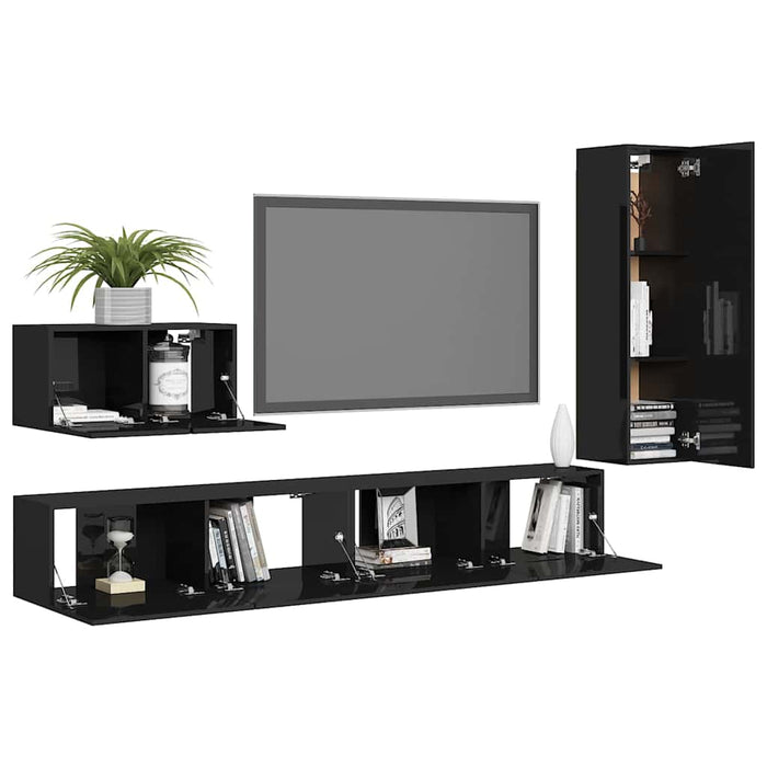 Set de dulapuri TV, 4 piese, negru extralucios, lemn prelucrat WALTI