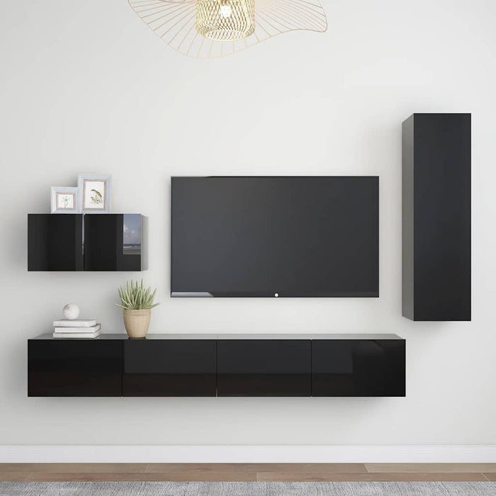 Set de dulapuri TV, 4 piese, negru extralucios, lemn prelucrat WALTI