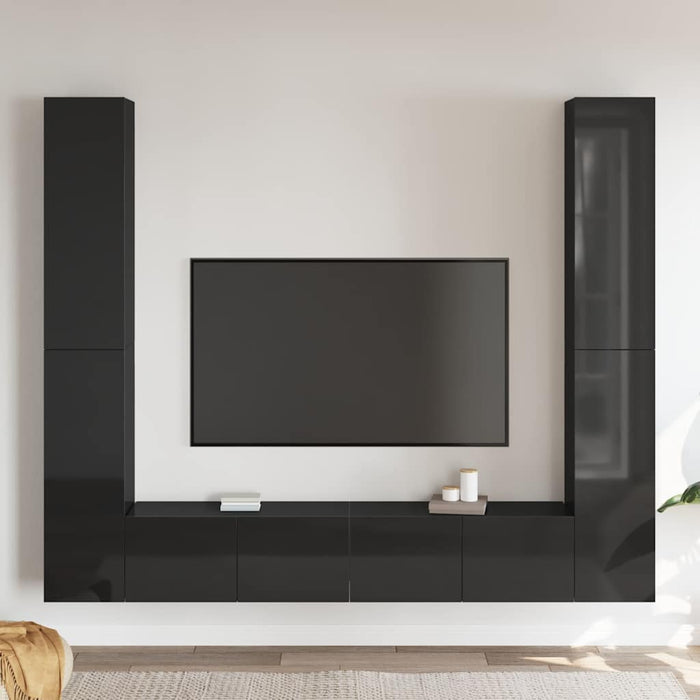 Set de dulapuri TV, 6 piese, negru extralucios, lemn prelucrat WALTI