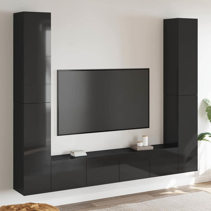 Set de dulapuri TV, 6 piese, negru extralucios, lemn prelucrat WALTI