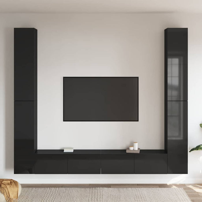 Set de dulapuri TV, 6 piese, negru extralucios, lemn prelucrat WALTI