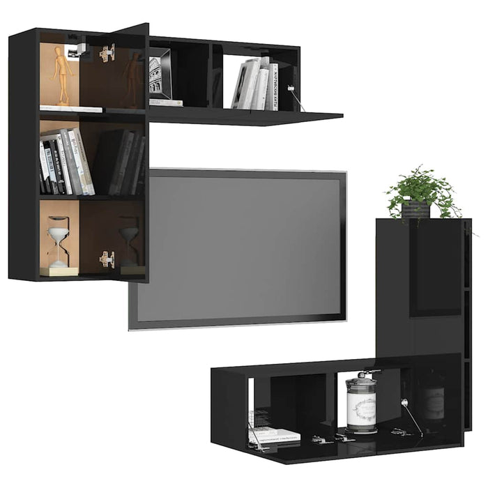 Set dulapuri TV, 4 piese, negru extralucios, lemn prelucrat WALTI