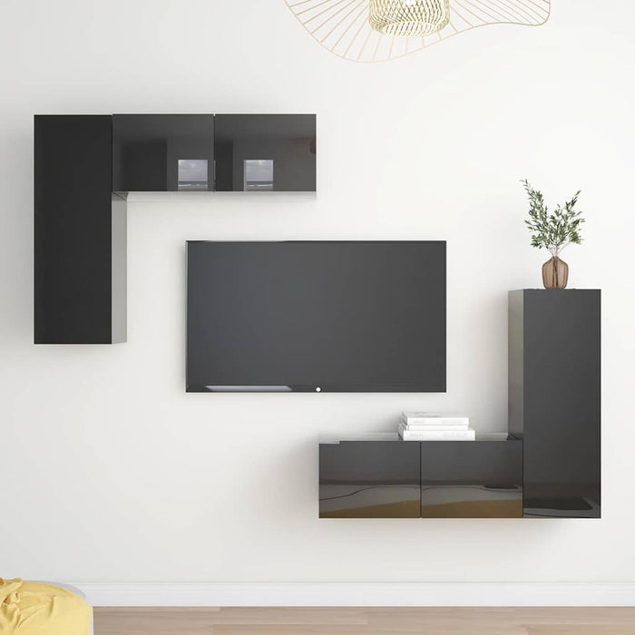 Set dulapuri TV, 4 piese, negru extralucios, lemn prelucrat WALTI