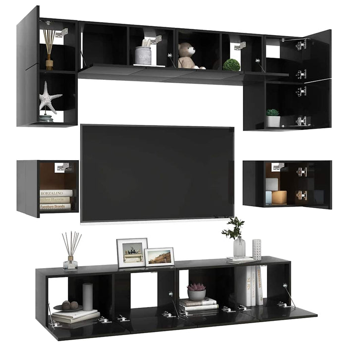 Set de dulapuri TV, 8 piese, negru extralucios, lemn prelucrat WALTI