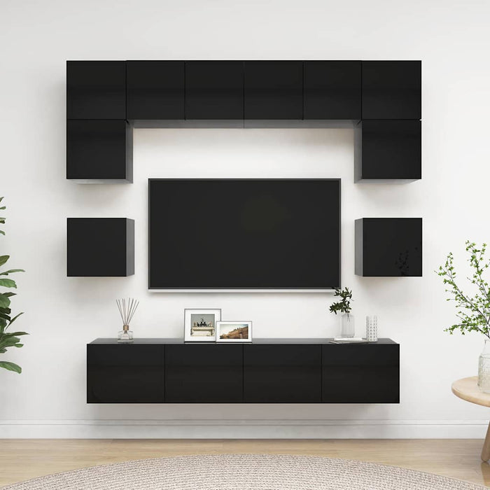 Set de dulapuri TV, 8 piese, negru extralucios, lemn prelucrat WALTI