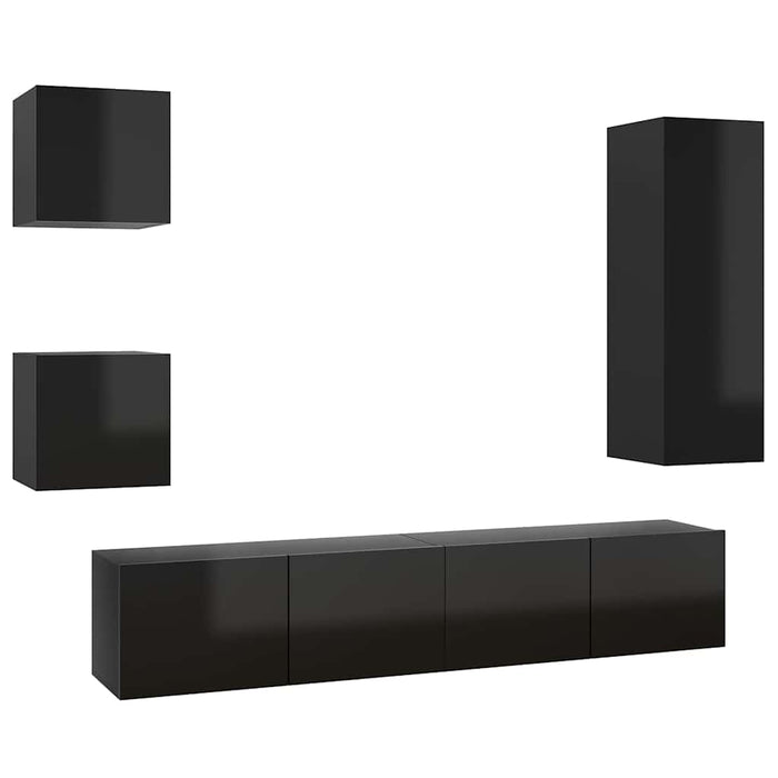 Set de dulapuri TV, 5 piese, negru extralucios, lemn prelucrat WALTI