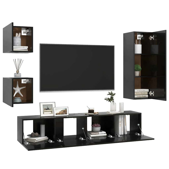 Set de dulapuri TV, 5 piese, negru extralucios, lemn prelucrat WALTI