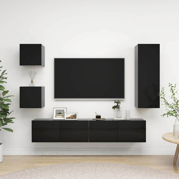 Set de dulapuri TV, 5 piese, negru extralucios, lemn prelucrat WALTI