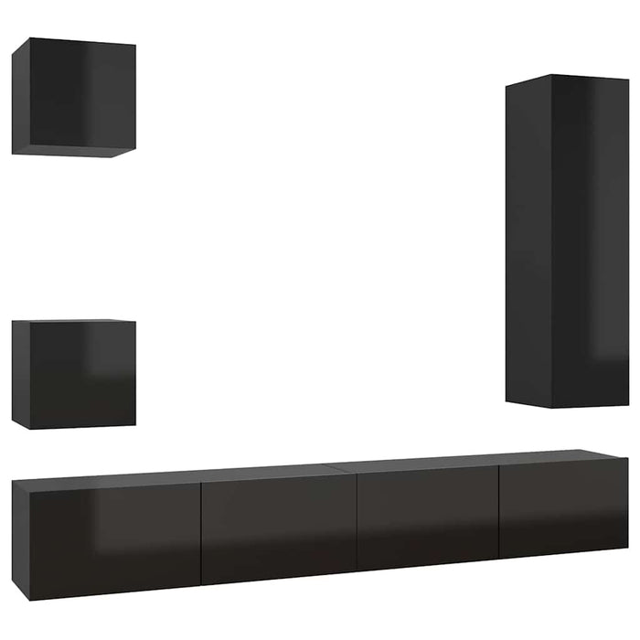 Set de dulapuri TV, 5 piese, negru extralucios, lemn prelucrat WALTI