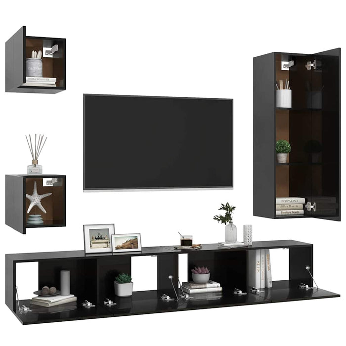 Set de dulapuri TV, 5 piese, negru extralucios, lemn prelucrat WALTI