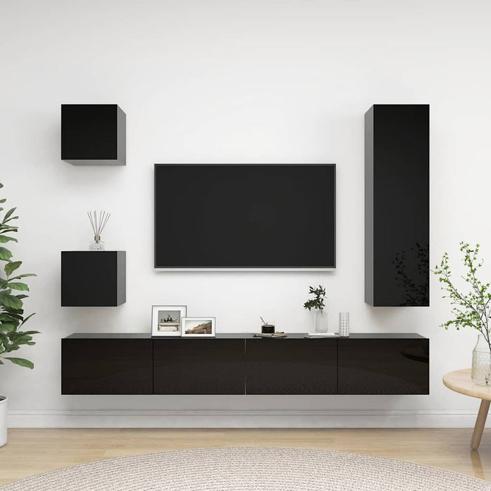 Set de dulapuri TV, 5 piese, negru extralucios, lemn prelucrat WALTI