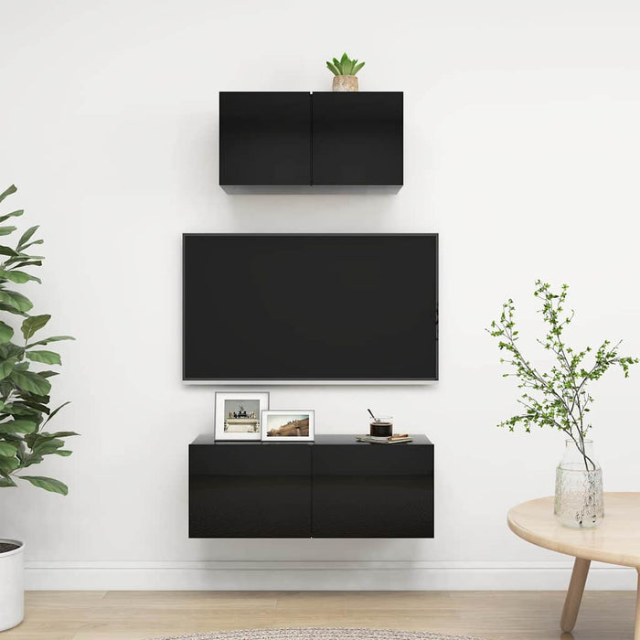 Set dulapuri TV, 2 piese, negru extralucios, lemn prelucrat WALTI
