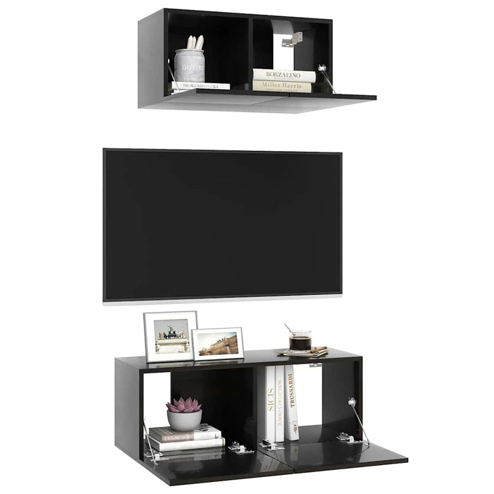 Set dulapuri TV, 2 piese, negru extralucios, lemn prelucrat WALTI