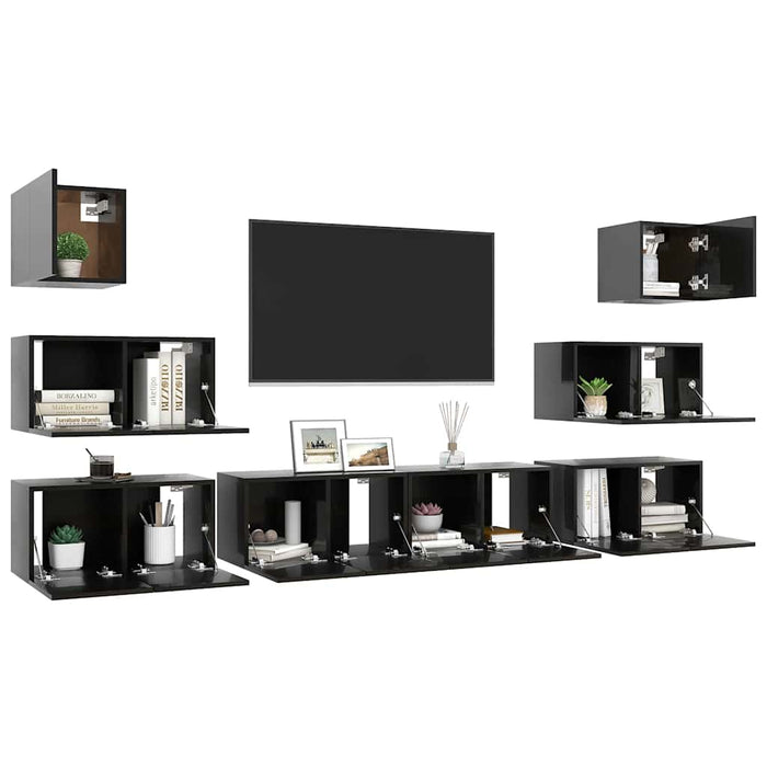 Set de dulapuri TV, 8 piese, negru extralucios, lemn prelucrat WALTI