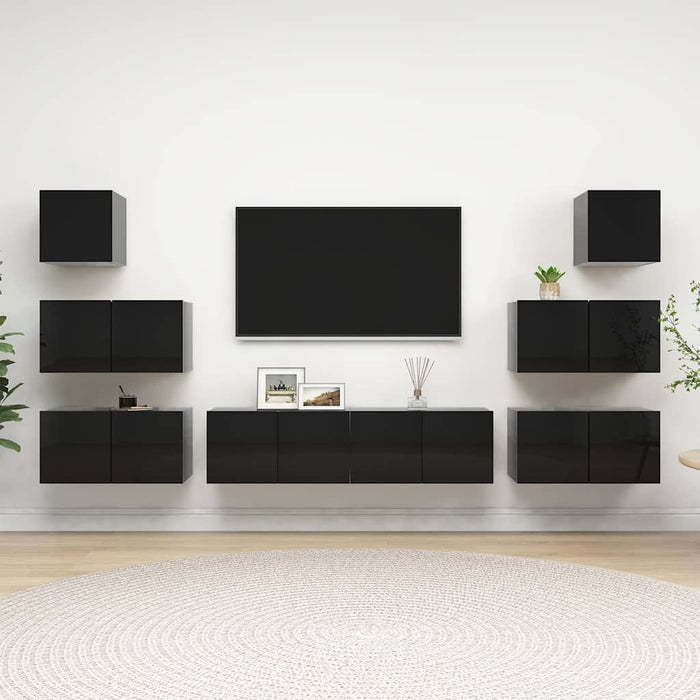 Set de dulapuri TV, 8 piese, negru extralucios, lemn prelucrat WALTI