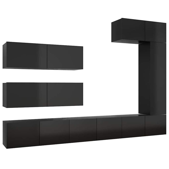 Set de dulapuri TV, 7 piese, negru extralucios, lemn prelucrat WALTI