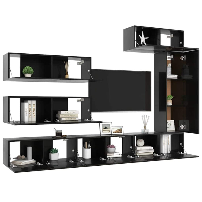 Set de dulapuri TV, 7 piese, negru extralucios, lemn prelucrat WALTI