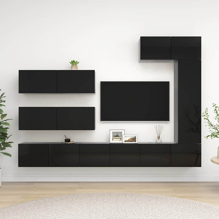 Set de dulapuri TV, 7 piese, negru extralucios, lemn prelucrat WALTI