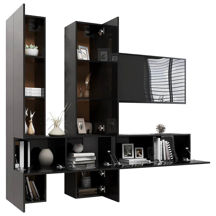 Set de dulapuri TV, 6 piese, negru extralucios, lemn prelucrat WALTI