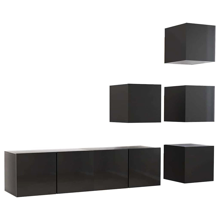 Set de dulapuri TV, 6 piese, negru extralucios, lemn prelucrat WALTI