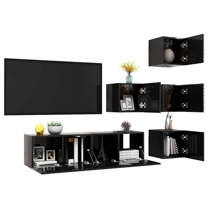 Set de dulapuri TV, 6 piese, negru extralucios, lemn prelucrat WALTI