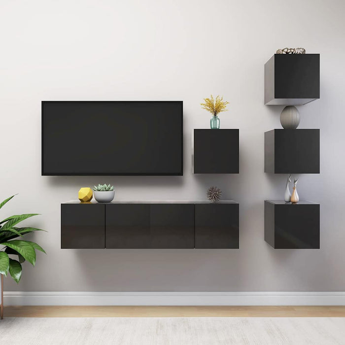 Set de dulapuri TV, 6 piese, negru extralucios, lemn prelucrat WALTI