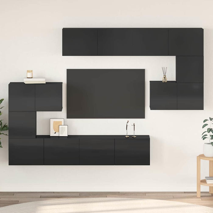 Set de dulapuri TV, 8 piese, negru extralucios, lemn prelucrat WALTI