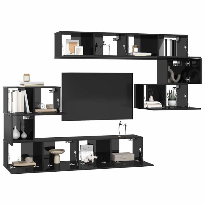 Set de dulapuri TV, 8 piese, negru extralucios, lemn prelucrat WALTI
