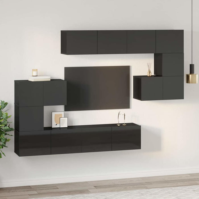 Set de dulapuri TV, 8 piese, negru extralucios, lemn prelucrat WALTI