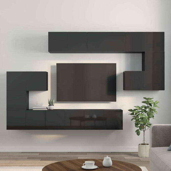 Set de dulapuri TV, 10 piese, negru extralucios, lemn prelucrat WALTI