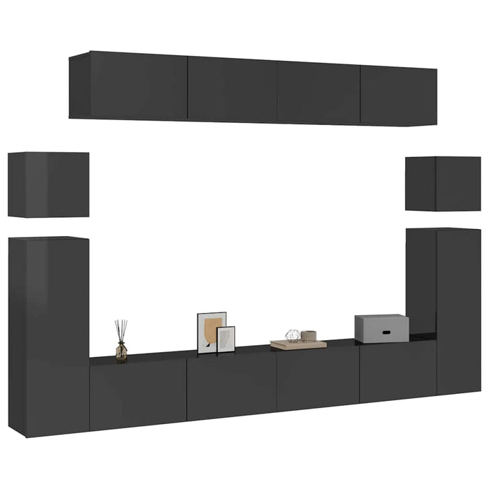 Set de dulapuri TV, 8 piese, negru extralucios, lemn prelucrat WALTI