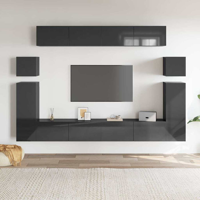 Set de dulapuri TV, 8 piese, negru extralucios, lemn prelucrat WALTI