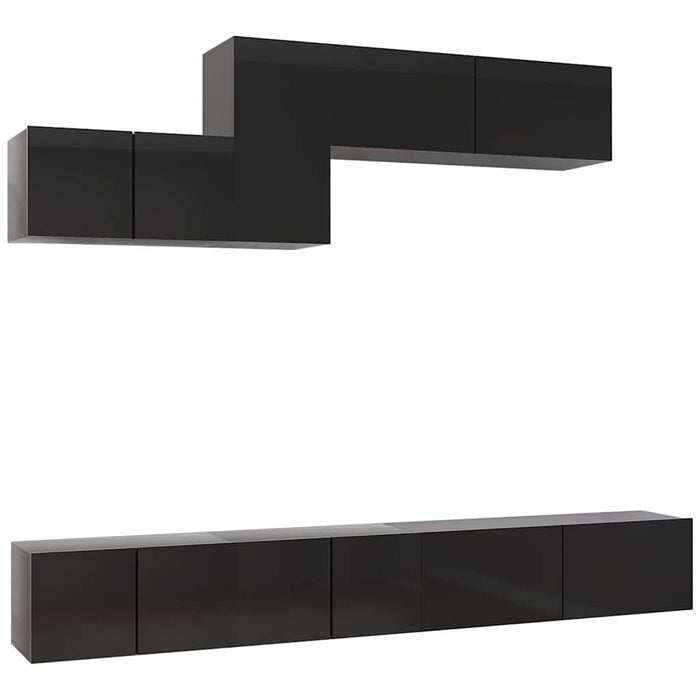 Set de dulapuri TV, 6 piese, negru extralucios, lemn prelucrat WALTI
