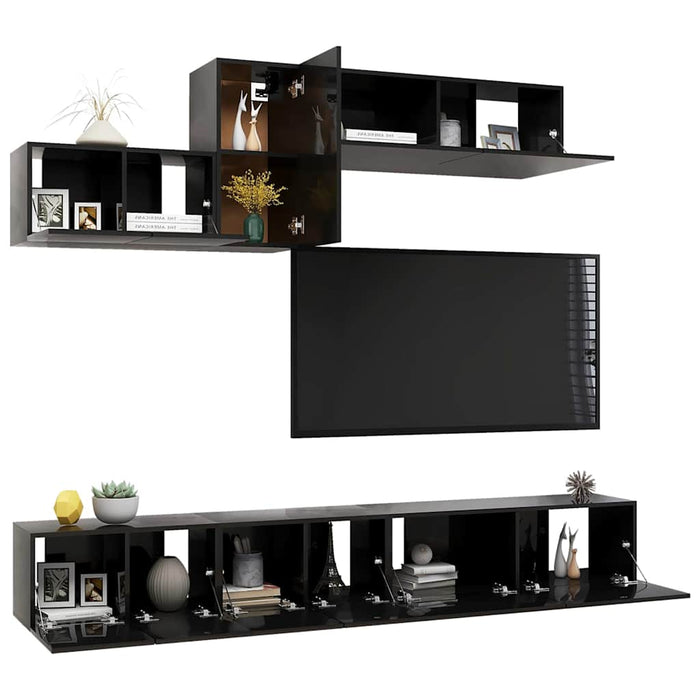 Set de dulapuri TV, 6 piese, negru extralucios, lemn prelucrat WALTI