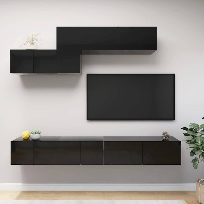 Set de dulapuri TV, 6 piese, negru extralucios, lemn prelucrat WALTI