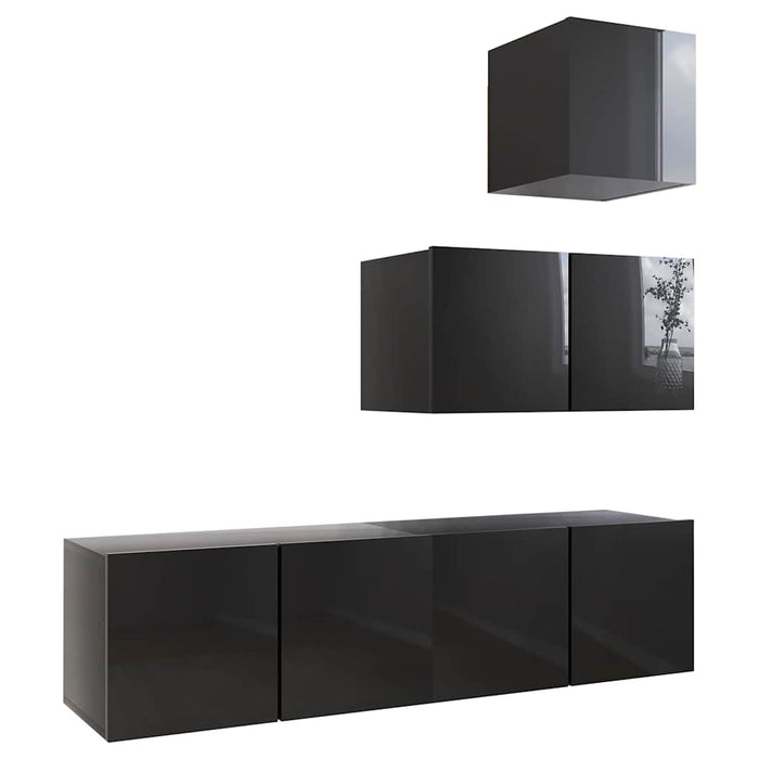 Set de dulapuri TV, 4 piese, negru extralucios, lemn prelucrat WALTI