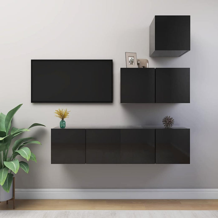 Set de dulapuri TV, 4 piese, negru extralucios, lemn prelucrat WALTI