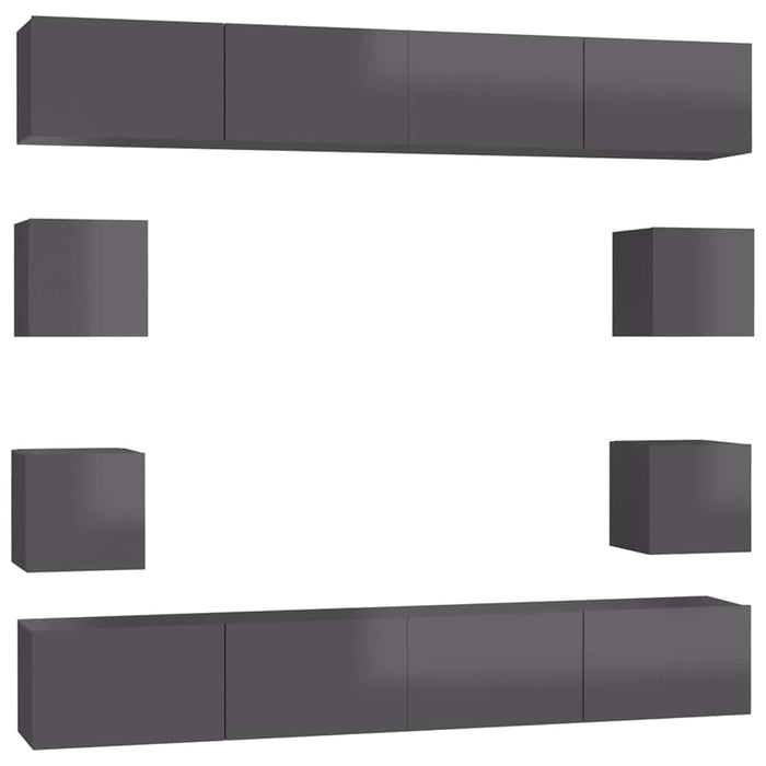 Set de dulapuri TV, 8 piese, gri extralucios, lemn prelucrat WALTI