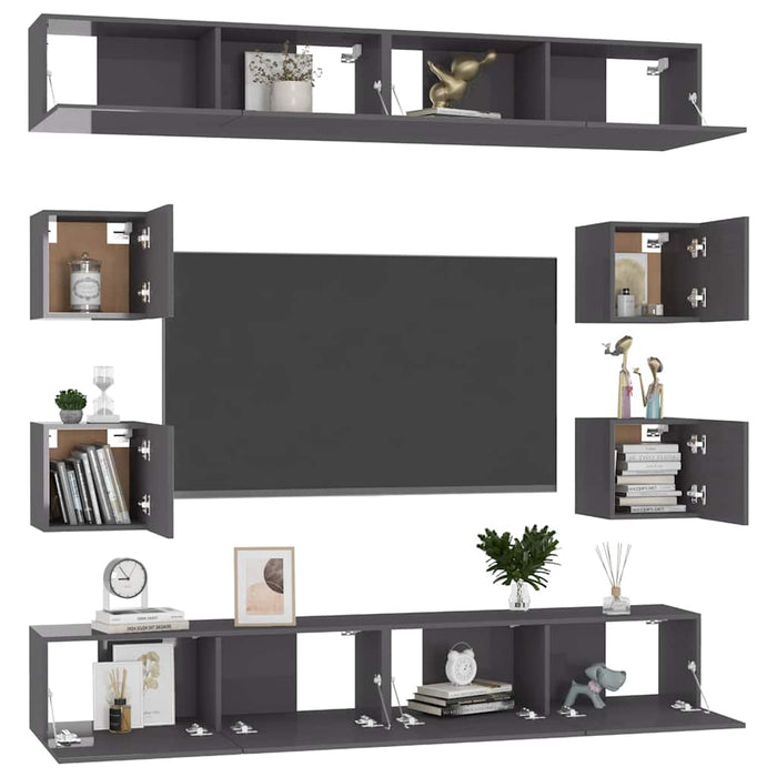 Set de dulapuri TV, 8 piese, gri extralucios, lemn prelucrat WALTI