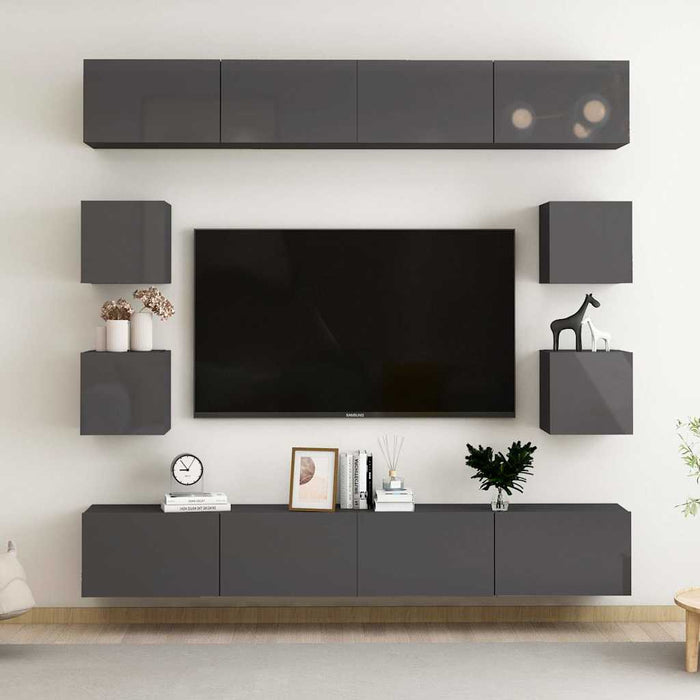 Set de dulapuri TV, 8 piese, gri extralucios, lemn prelucrat WALTI