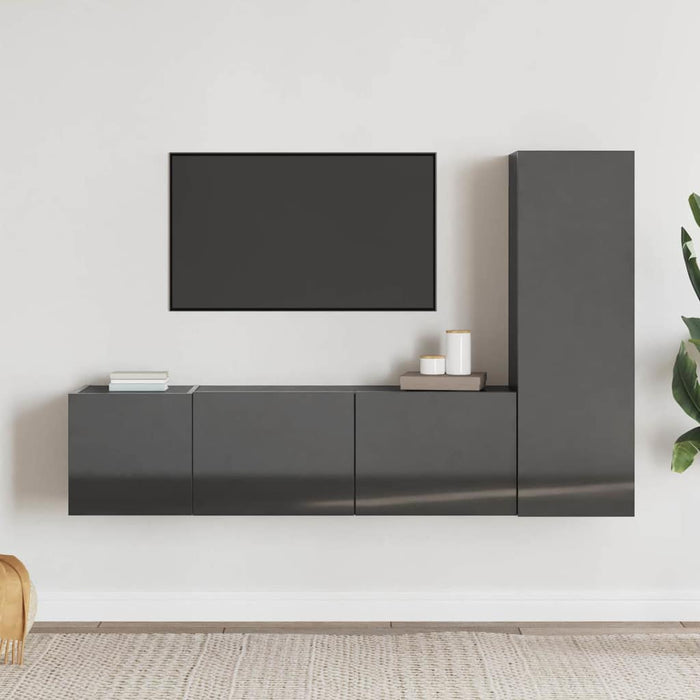 Set de dulapuri TV, 3 piese, gri extralucios, lemn prelucrat WALTI