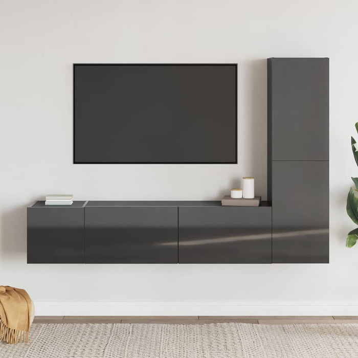 Set de dulapuri TV, 3 piese, gri extralucios, lemn prelucrat WALTI