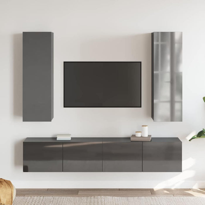 Set de dulapuri TV, 4 piese, gri extralucios, lemn prelucrat WALTI