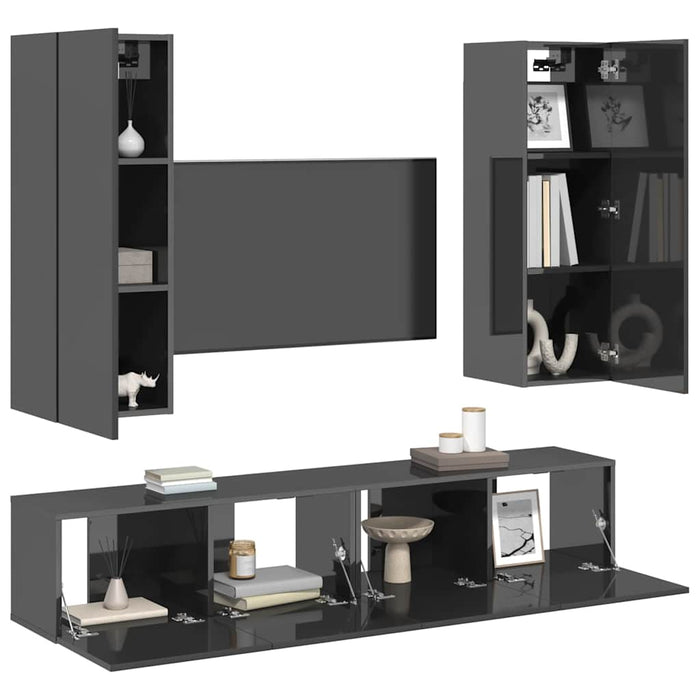 Set de dulapuri TV, 4 piese, gri extralucios, lemn prelucrat WALTI