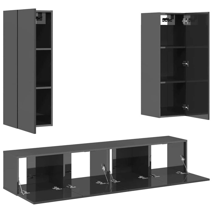 Set de dulapuri TV, 4 piese, gri extralucios, lemn prelucrat WALTI