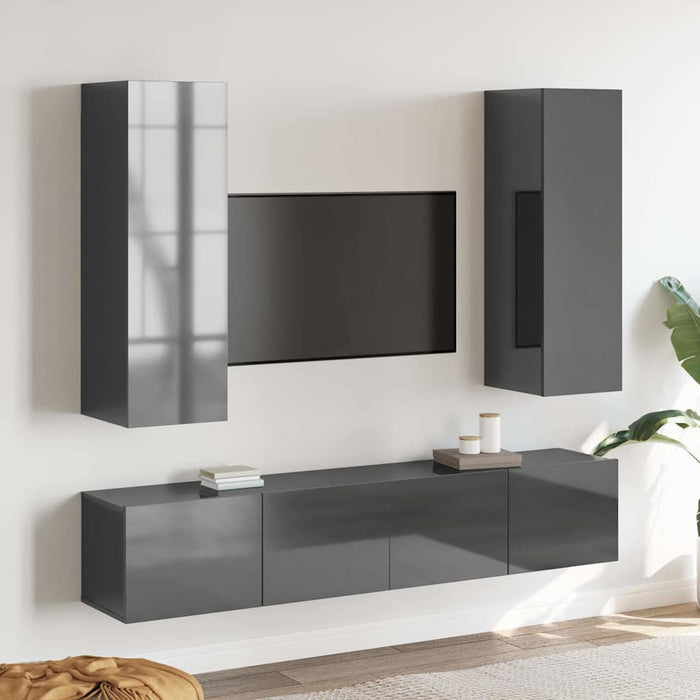 Set de dulapuri TV, 4 piese, gri extralucios, lemn prelucrat WALTI