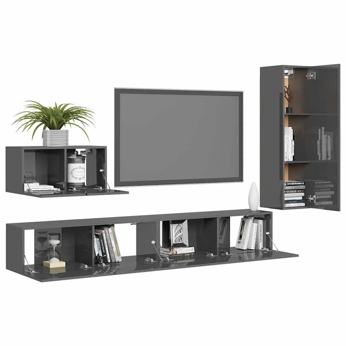 Set de dulapuri TV, 4 piese, gri extralucios, lemn prelucrat WALTI