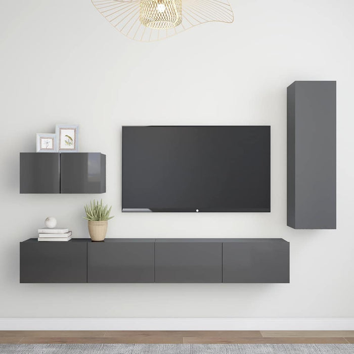 Set de dulapuri TV, 4 piese, gri extralucios, lemn prelucrat WALTI