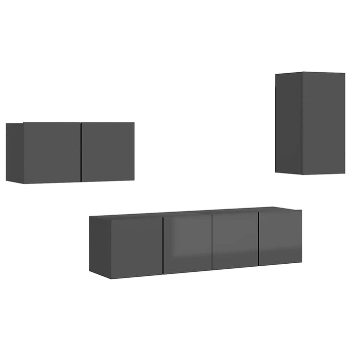 Set de dulapuri TV, 4 piese, gri extralucios, lemn prelucrat WALTI